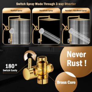 PinWin 12'' Dual Shower Head with Adjustable Extension Arm and 6-Setting Handheld Shower Head Combo, Brushed Gold