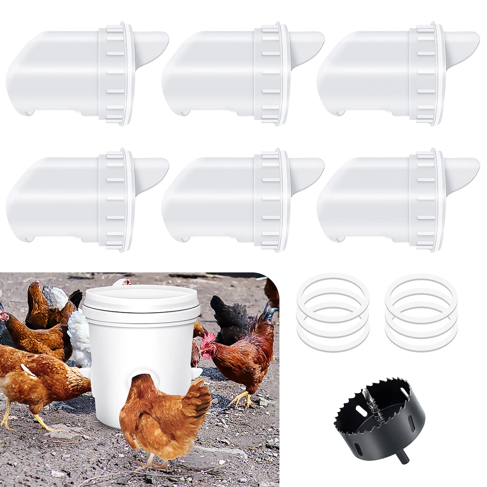 Chicken-Feeder，Chicken-Feeders-no-Waste，Chicken-Feeder-Port， Automatic Poultry Feeder Kit for Buckets, Barrels, Bins. (No Bucket), 6 Ports and a Holesaw Included