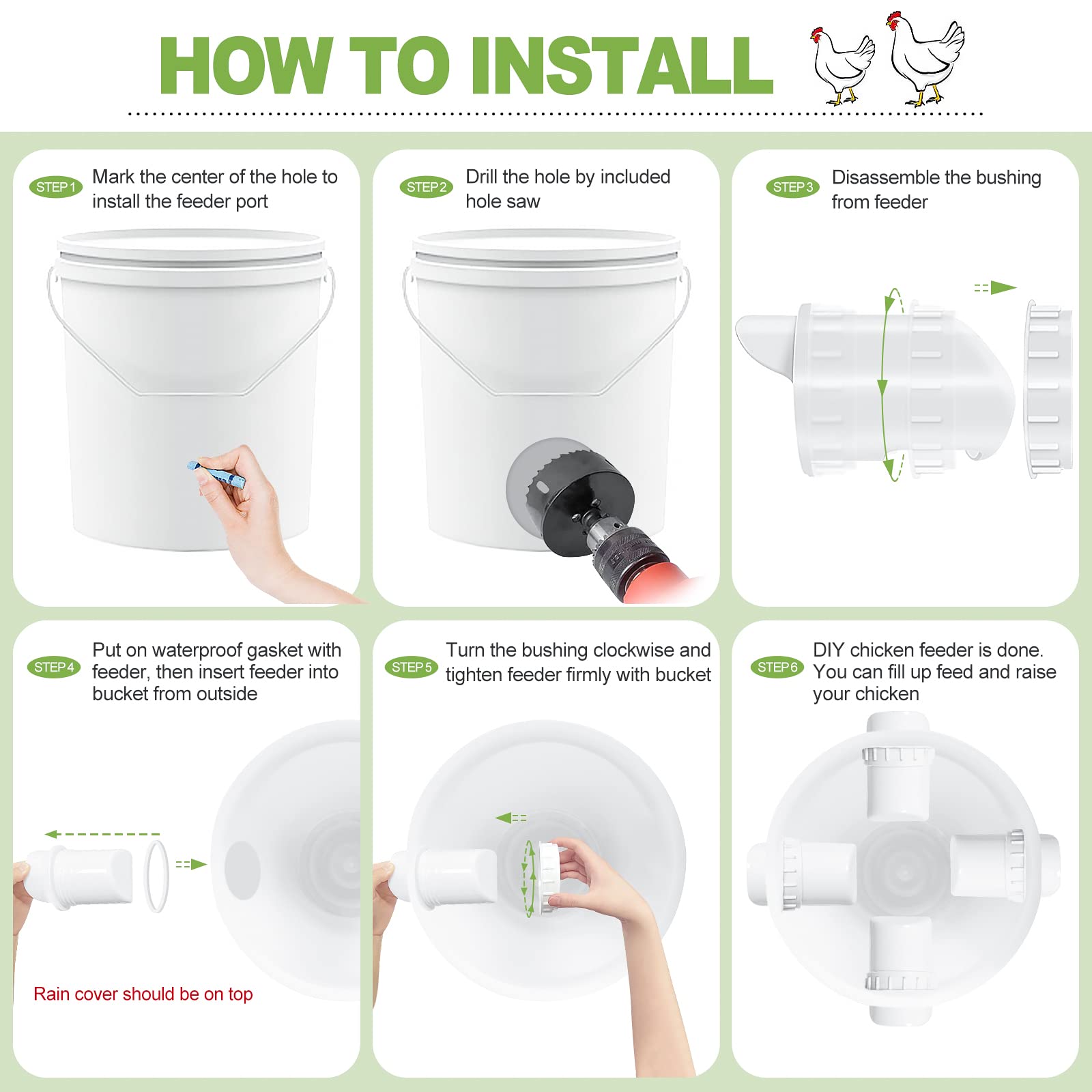 Chicken-Feeder，Chicken-Feeders-no-Waste，Chicken-Feeder-Port， Automatic Poultry Feeder Kit for Buckets, Barrels, Bins. (No Bucket), 6 Ports and a Holesaw Included