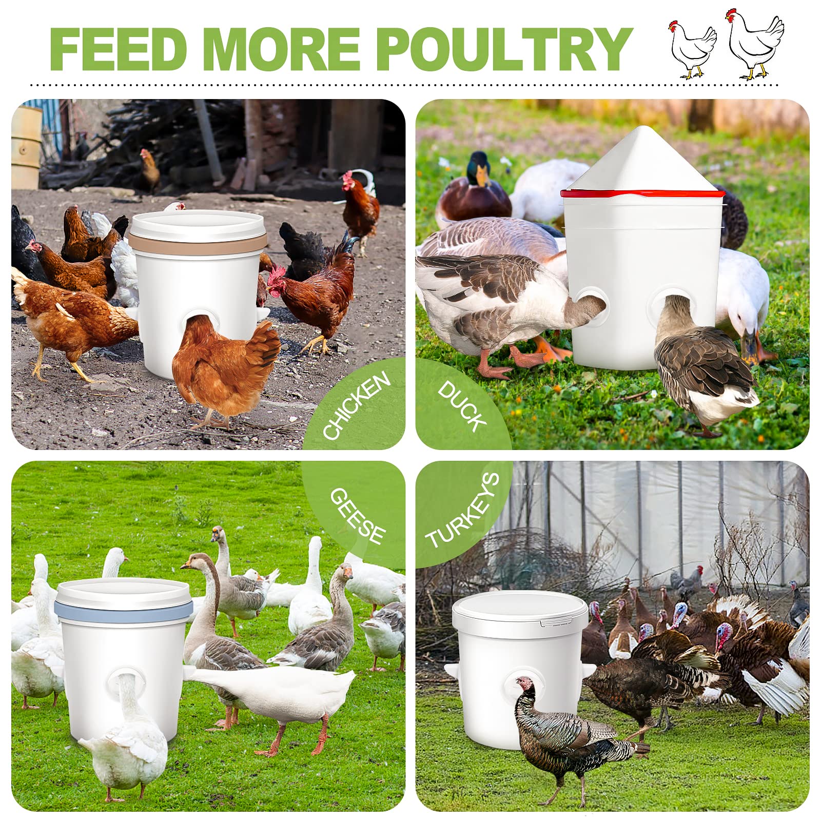 Chicken-Feeder，Chicken-Feeders-no-Waste，Chicken-Feeder-Port， Automatic Poultry Feeder Kit for Buckets, Barrels, Bins. (No Bucket), 6 Ports and a Holesaw Included