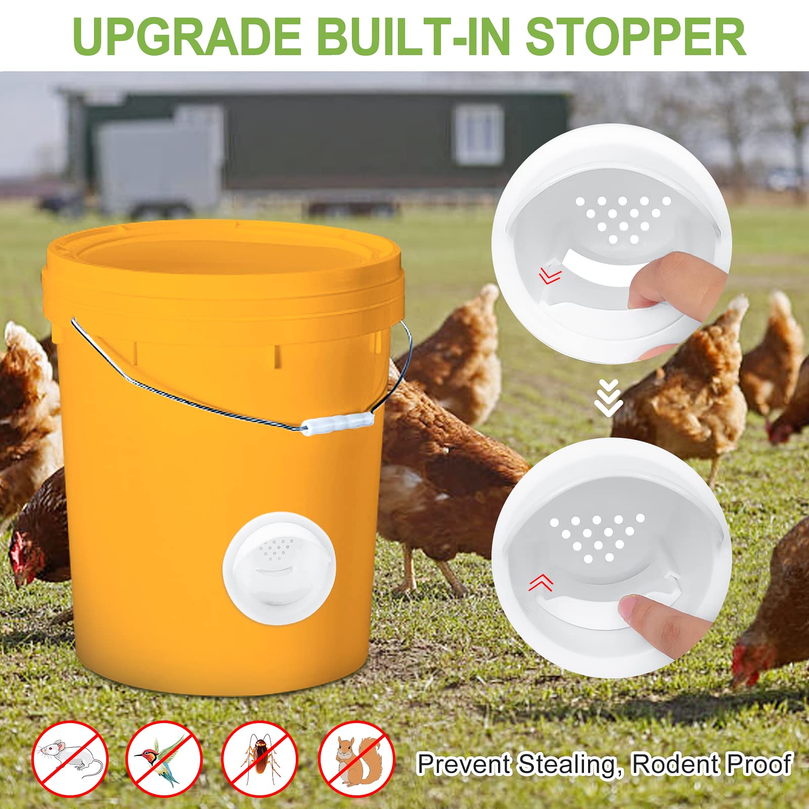 Chicken-Feeder，Chicken-Feeders-no-Waste，Chicken-Feeder-Port， Automatic Poultry Feeder Kit for Buckets, Barrels, Bins. (No Bucket), 6 Ports and a Holesaw Included