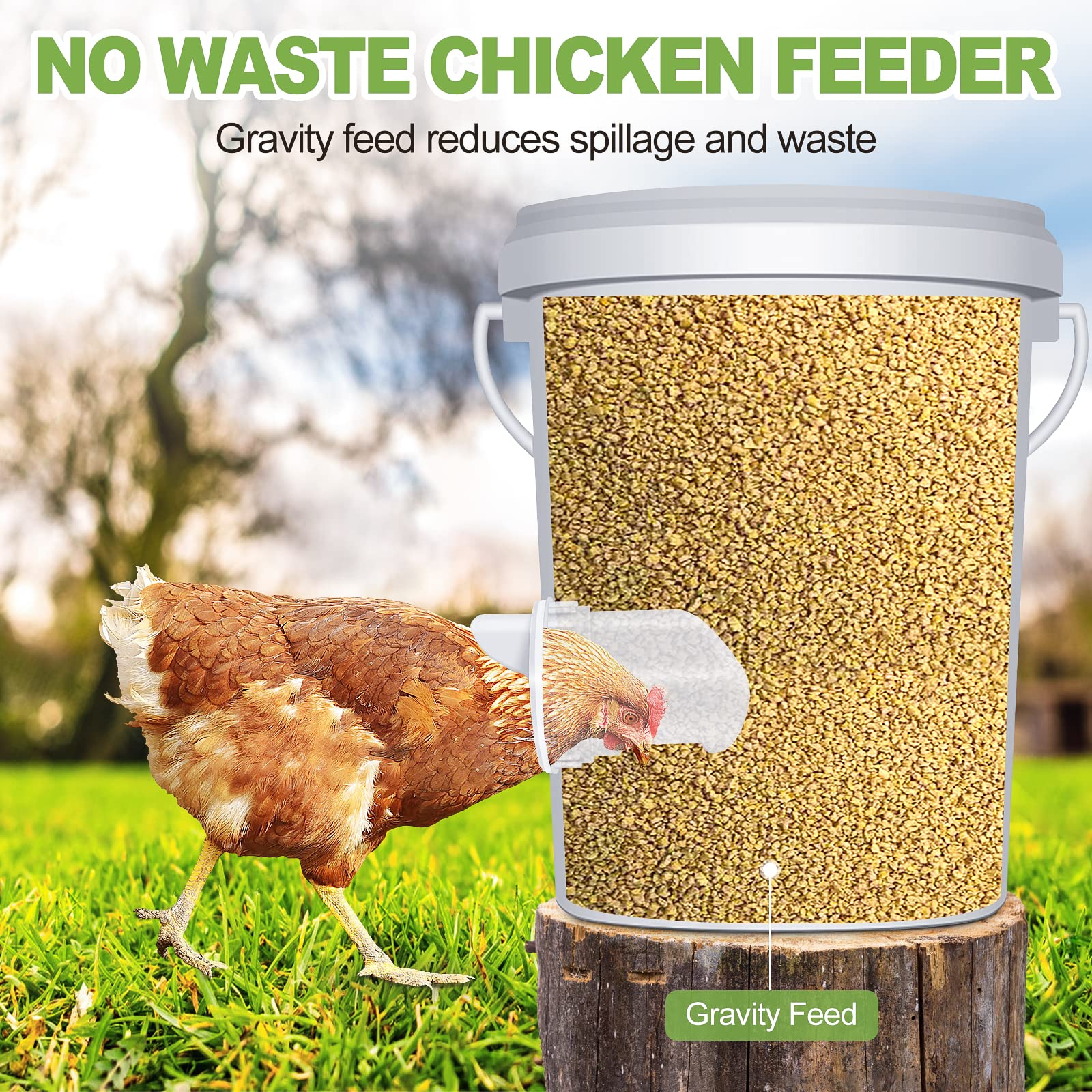 Chicken-Feeder，Chicken-Feeders-no-Waste，Chicken-Feeder-Port， Automatic Poultry Feeder Kit for Buckets, Barrels, Bins. (No Bucket), 6 Ports and a Holesaw Included