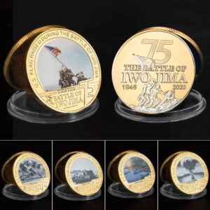 5pcs coins set with metal case, marine corps raising the flag on iwo jima,battle of iwo jima commemorative coins,us vs japan military army gold plated challenge coins,souvenir gift for collection