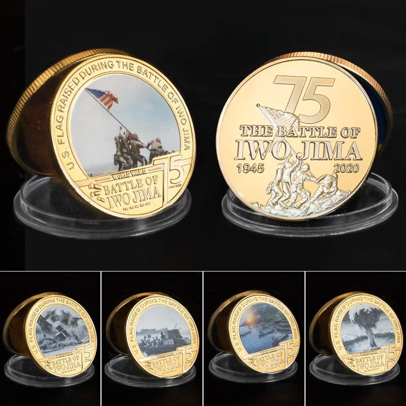 5pcs Coins Set with Metal Case, Marine Corps Raising The Flag On Iwo Jima,Battle of Iwo Jima Commemorative Coins,US Vs Japan Military Army Gold Plated Challenge Coins,Souvenir Gift for Collection