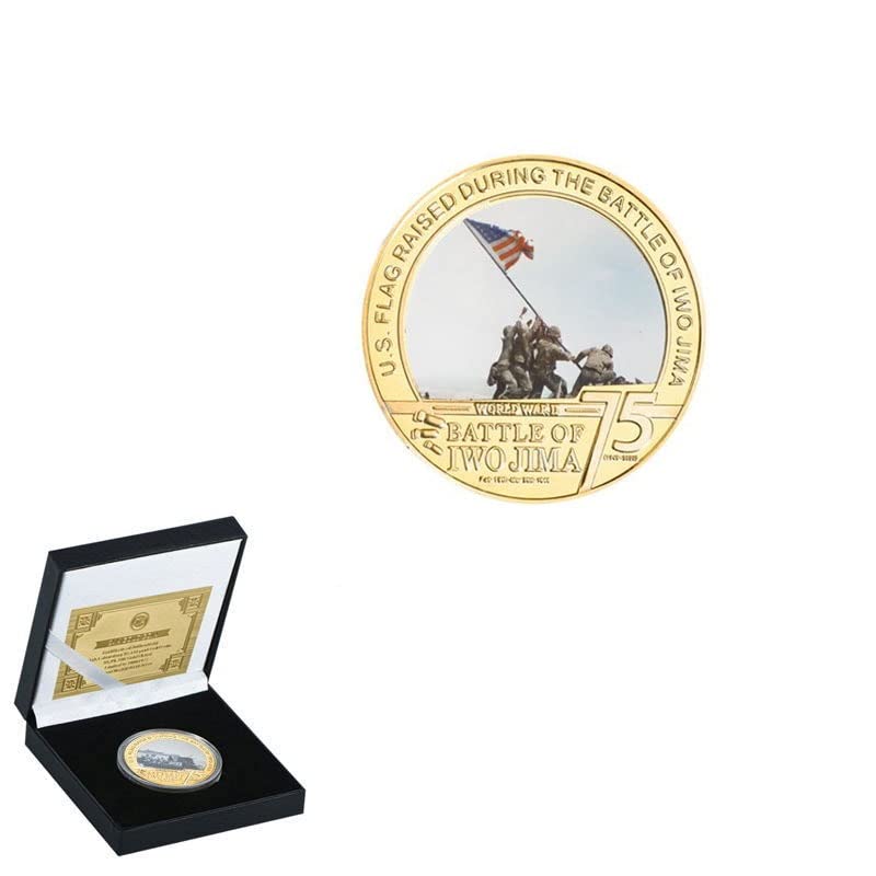 5pcs Coins Set with Metal Case, Marine Corps Raising The Flag On Iwo Jima,Battle of Iwo Jima Commemorative Coins,US Vs Japan Military Army Gold Plated Challenge Coins,Souvenir Gift for Collection