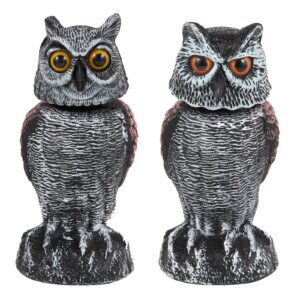hedoc 2 pack fake owl decoys to scare birds away from gardens and patios, rotating head owl bird deterrents, nature enemy scarecrow plastic owl statues, pest repellent, pigeon deterrent