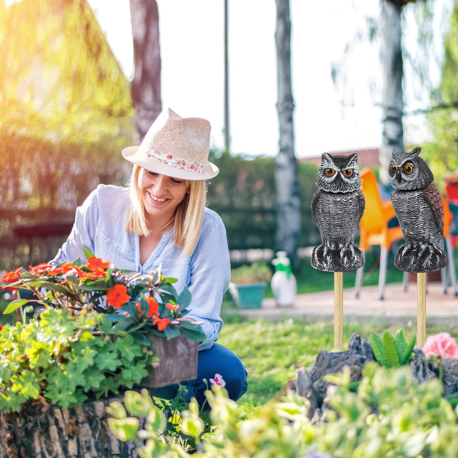 Hedoc 2 Pack Fake Owl Decoys to Scare Birds Away from Gardens and Patios, Rotating Head Owl Bird Deterrents, Nature Enemy Scarecrow Plastic Owl Statues, Pest Repellent, Pigeon Deterrent