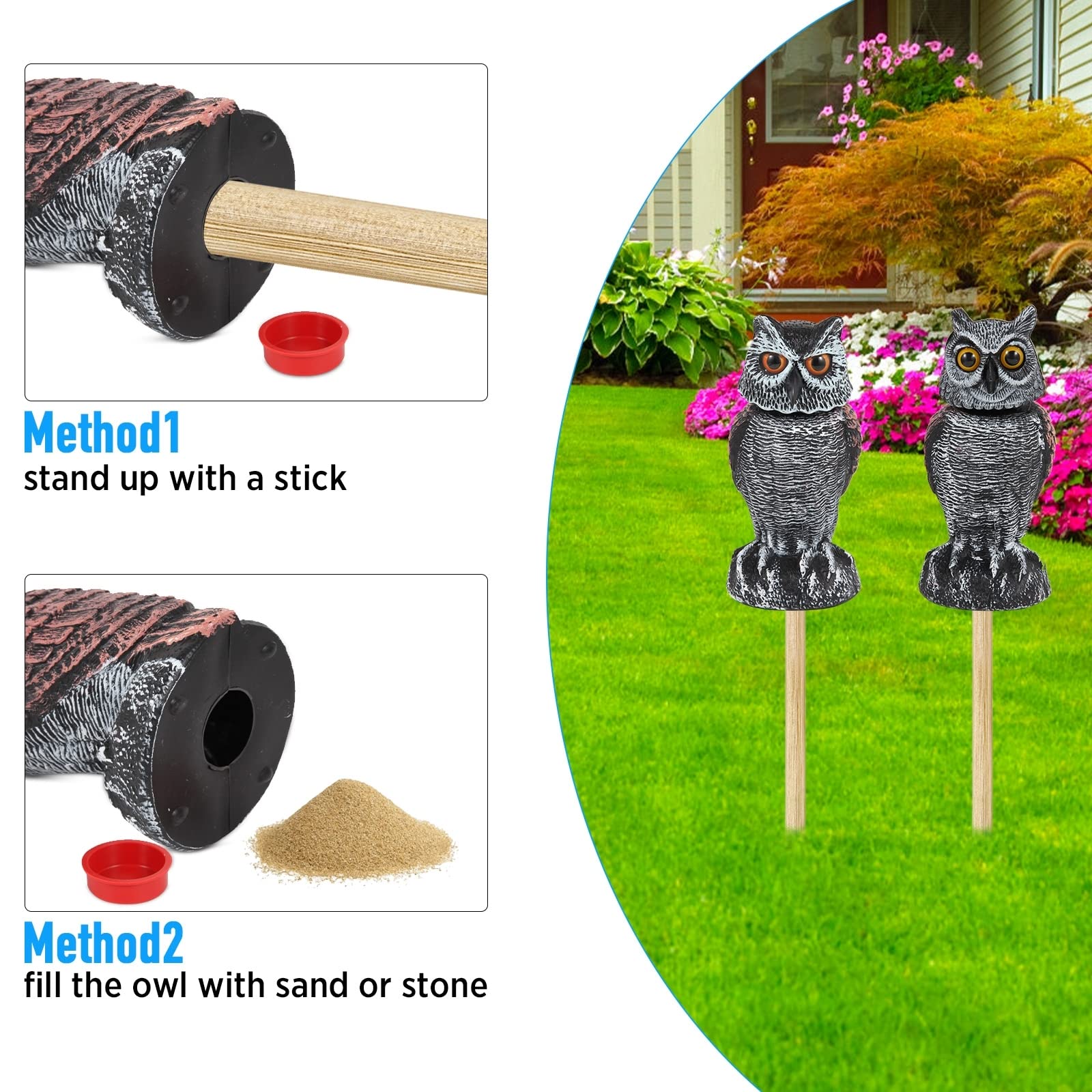 Hedoc 2 Pack Fake Owl Decoys to Scare Birds Away from Gardens and Patios, Rotating Head Owl Bird Deterrents, Nature Enemy Scarecrow Plastic Owl Statues, Pest Repellent, Pigeon Deterrent