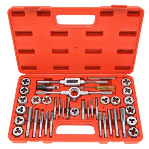 gmtools 40pcs tap and die set, metric size standard m3 to m12, threading tool set for cutting external and internal threads with adjustable handles, complete accessories and storage case