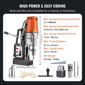 VEVOR 1680W MD50 Magnetic Drill 300 RPM Spindle Speed Electric Magnetic Drilling System with 2 Inch Boring Diameter and 2900 LBS Magnet Force