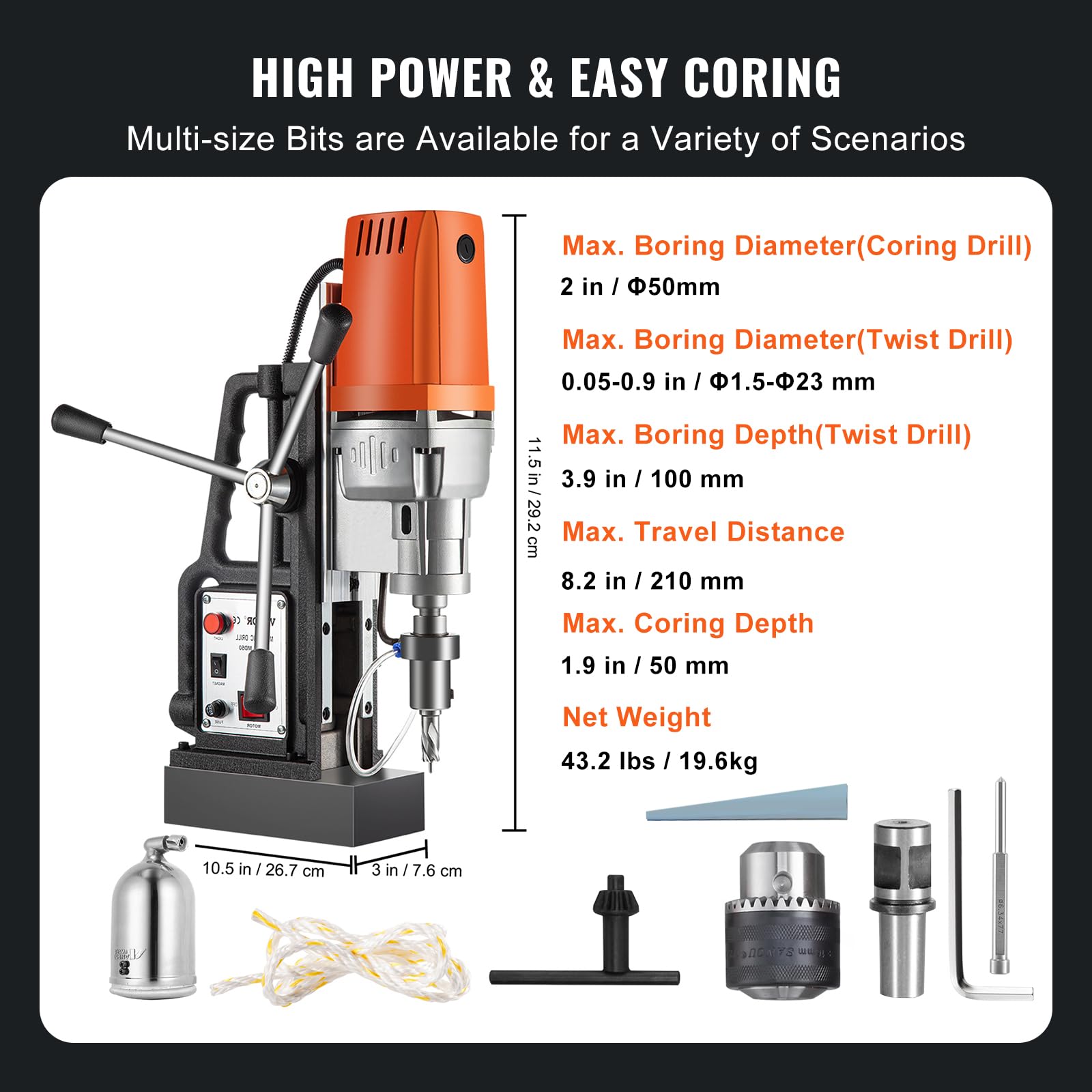 VEVOR 1680W MD50 Magnetic Drill 300 RPM Spindle Speed Electric Magnetic Drilling System with 2 Inch Boring Diameter and 2900 LBS Magnet Force