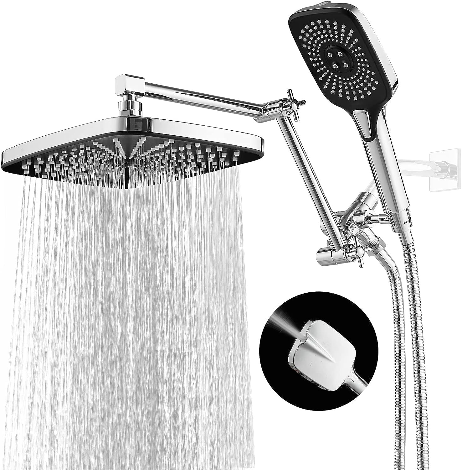 Jcrob 12 Inch Shower Head With Handheld, High-Pressure Rain/Rainfall Shower Heads With 3+1 Settings Handheld Spray, Including 3-Way Diverter, Extension Arm - Height/Angle Adjustable(Chrome)