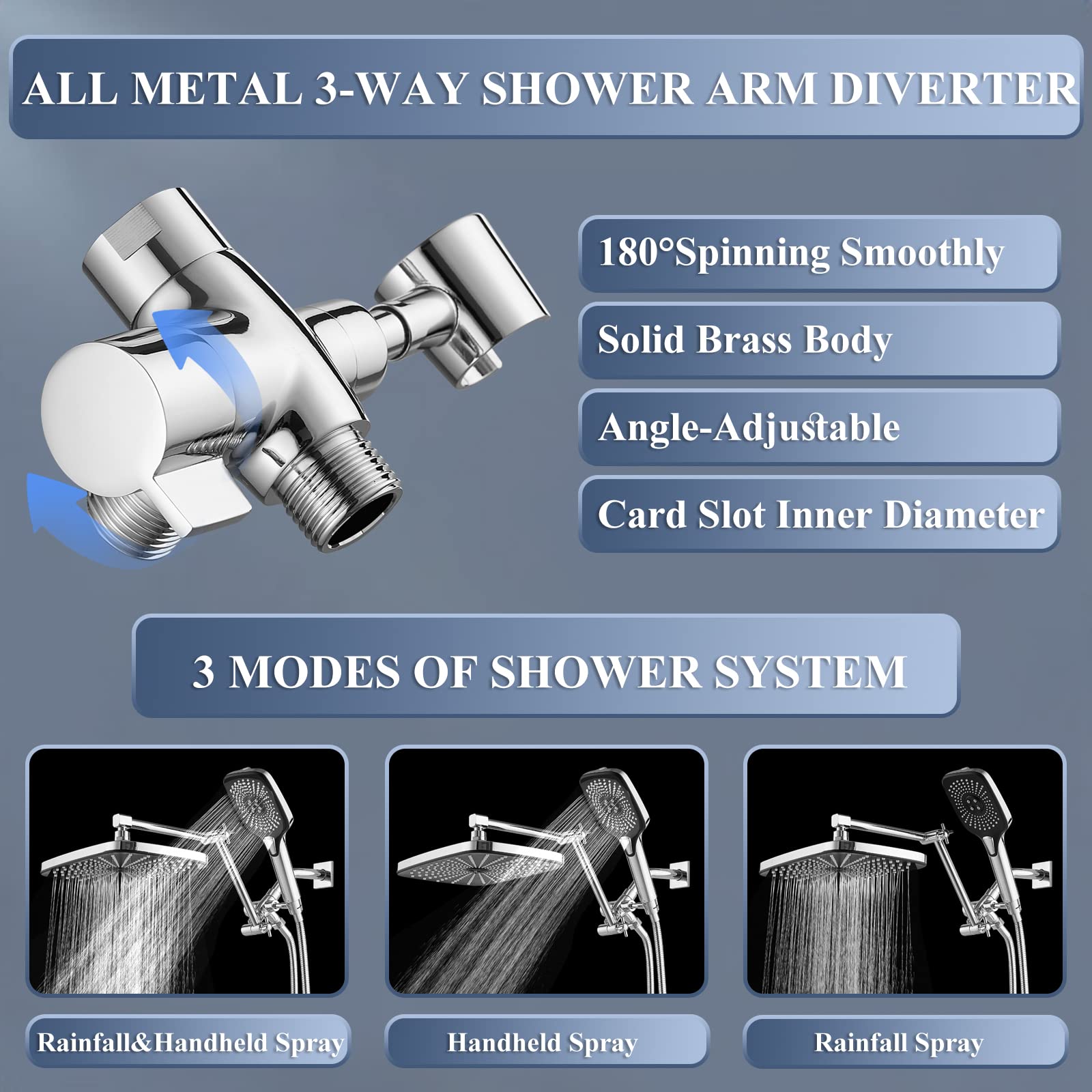 Jcrob 12 Inch Shower Head With Handheld, High-Pressure Rain/Rainfall Shower Heads With 3+1 Settings Handheld Spray, Including 3-Way Diverter, Extension Arm - Height/Angle Adjustable(Chrome)