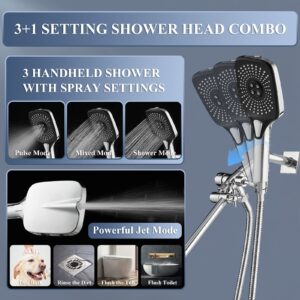 Jcrob 12 Inch Shower Head With Handheld, High-Pressure Rain/Rainfall Shower Heads With 3+1 Settings Handheld Spray, Including 3-Way Diverter, Extension Arm - Height/Angle Adjustable(Chrome)