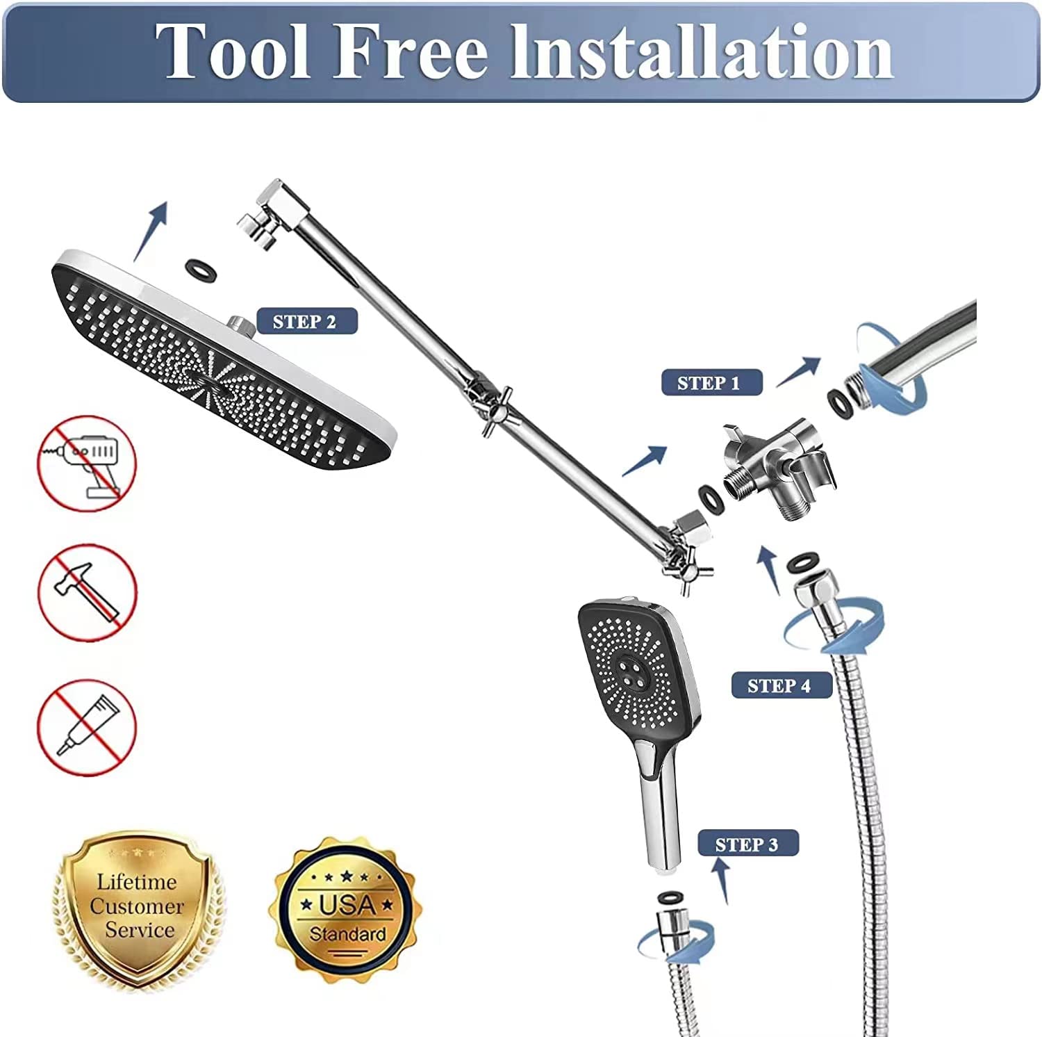 Jcrob 12 Inch Shower Head With Handheld, High-Pressure Rain/Rainfall Shower Heads With 3+1 Settings Handheld Spray, Including 3-Way Diverter, Extension Arm - Height/Angle Adjustable(Chrome)