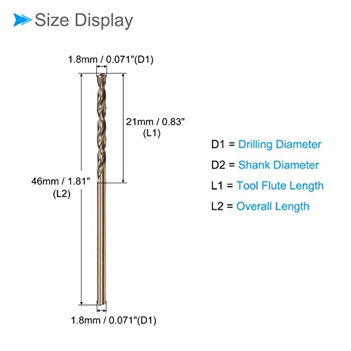 CoCud Twist Drill Bits, 1.8mm Drilling Diameter, Titanium Coated High Speed Steel 6542 Straight Round Shank - (Applications: for Stainless Steel Alloy Metal), 6-Pieces