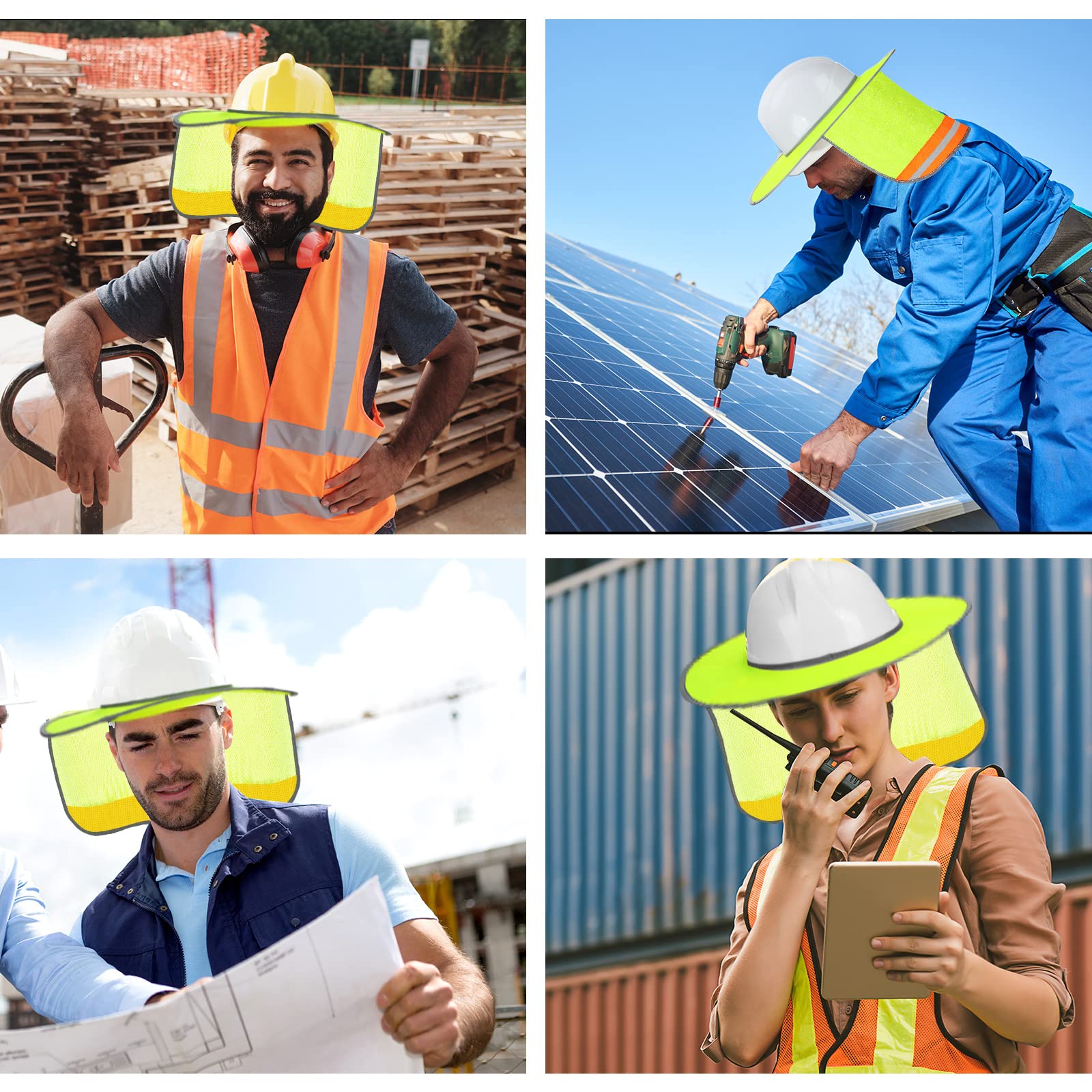 Hard Hat Sun Shade High Visibility Reflective Hard Hat Visor Full Brim Mesh Neck Sunshade Fits Both Cap Hardhats for Outdoor Activities, Neon Yellow (10 Pcs)