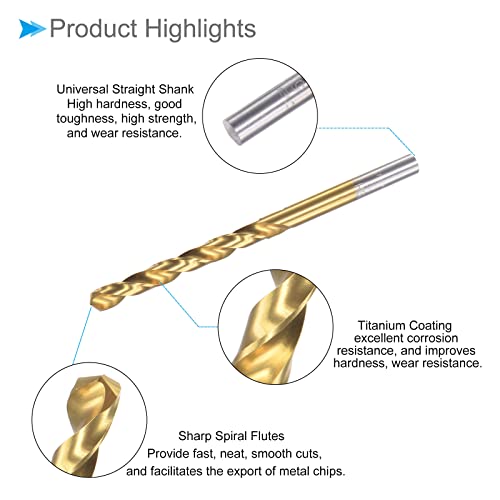 CoCud Twist Drill Bits, 5.1mm Drilling Diameter, Titanium Coated High Speed Steel 6542 Straight Round Shank - (Applications: for Stainless Steel Alloy Metal), 2-Pieces