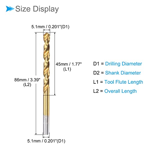 CoCud Twist Drill Bits, 5.1mm Drilling Diameter, Titanium Coated High Speed Steel 6542 Straight Round Shank - (Applications: for Stainless Steel Alloy Metal), 2-Pieces