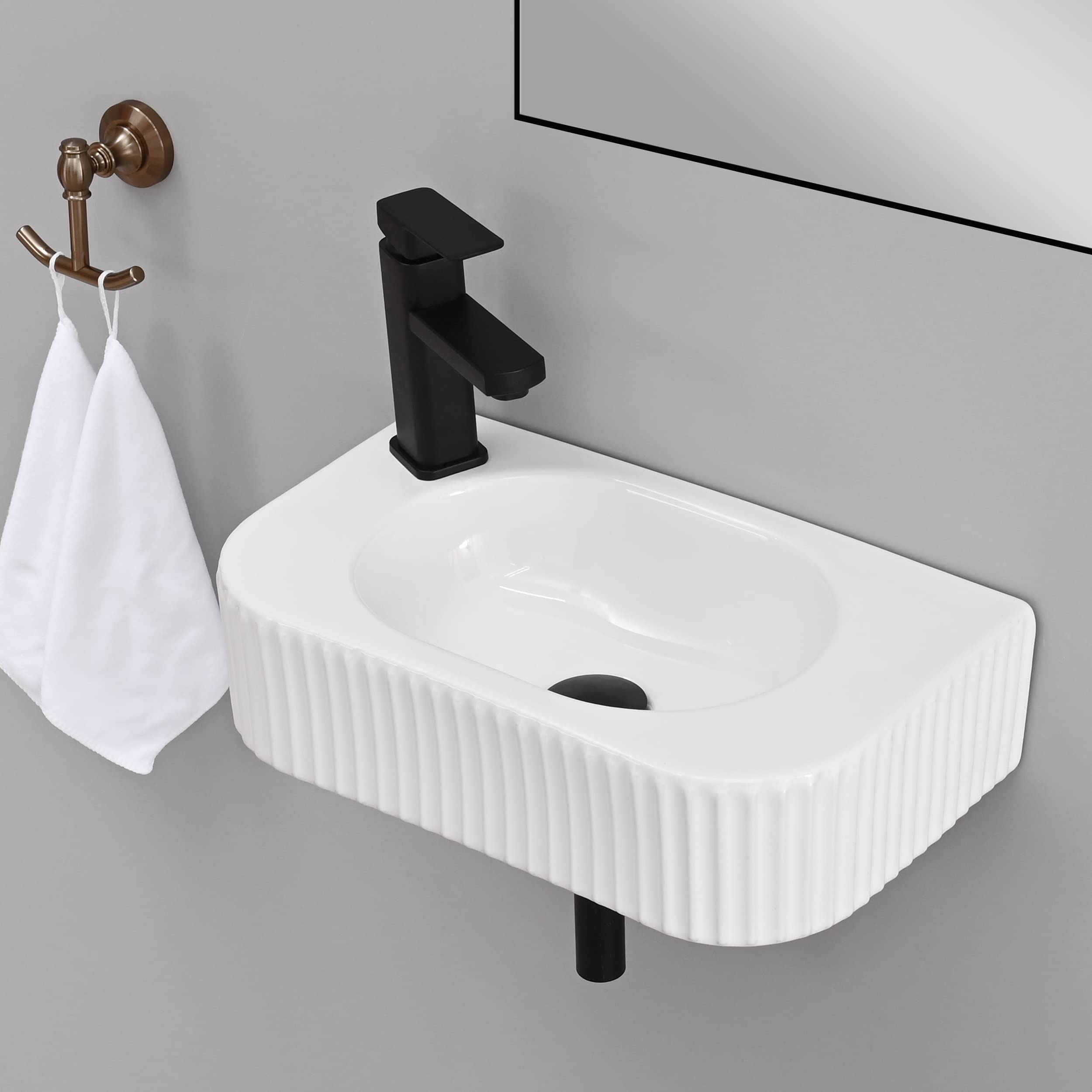 Hiomiestiy Bathroom Vessel Sink Rectangular Wall Mount Sink White Wall Mounted Bathroom Sink with Faucet and Drain White Porcelain Ceramic Washing Small Bathroom Vanity Sink