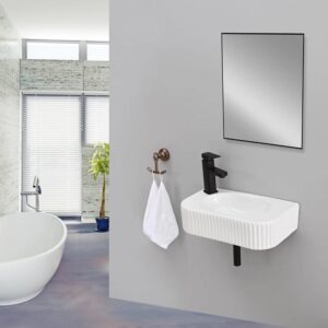 Hiomiestiy Bathroom Vessel Sink Rectangular Wall Mount Sink White Wall Mounted Bathroom Sink with Faucet and Drain White Porcelain Ceramic Washing Small Bathroom Vanity Sink