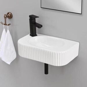 Hiomiestiy Bathroom Vessel Sink Rectangular Wall Mount Sink White Wall Mounted Bathroom Sink with Faucet and Drain White Porcelain Ceramic Washing Small Bathroom Vanity Sink