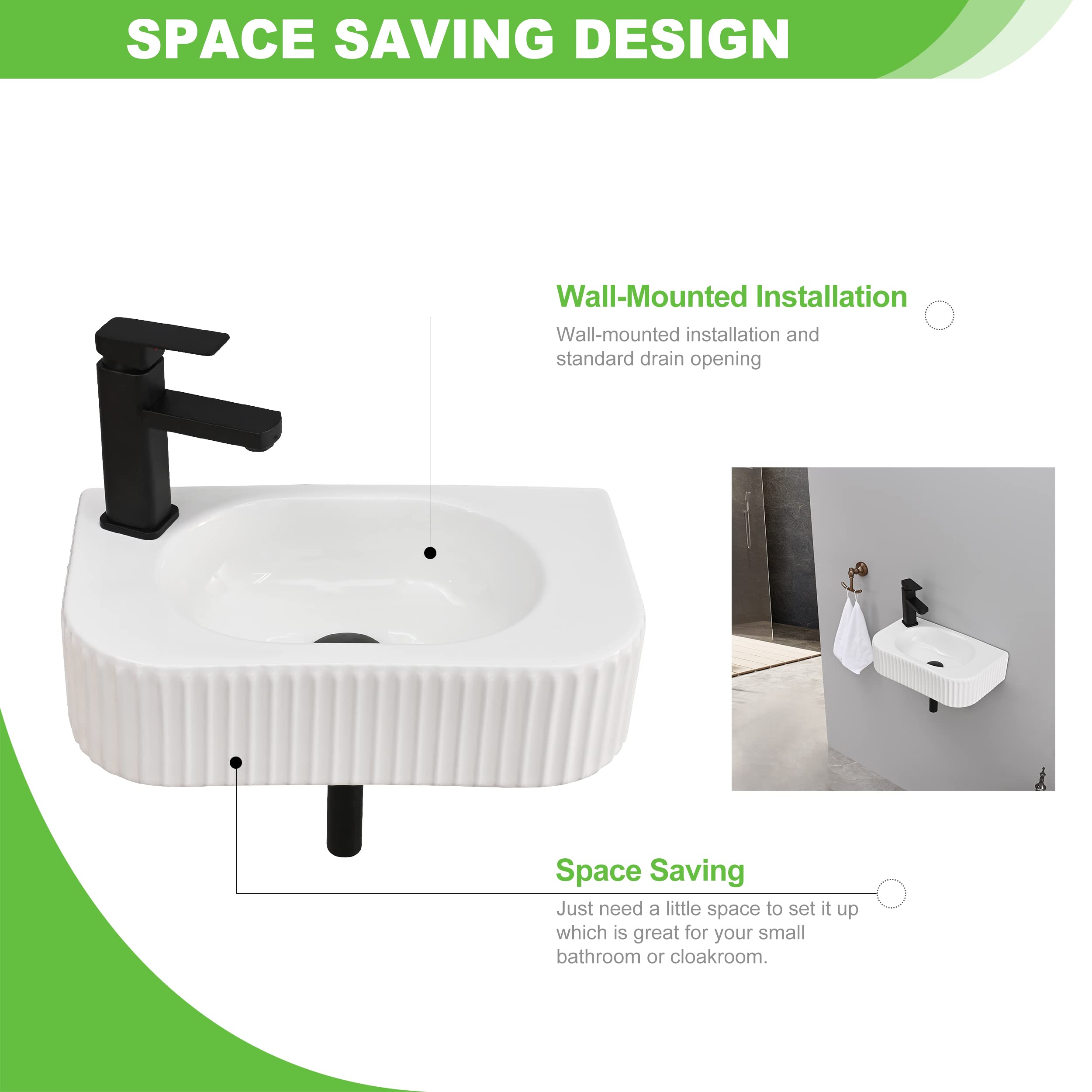 Hiomiestiy Bathroom Vessel Sink Rectangular Wall Mount Sink White Wall Mounted Bathroom Sink with Faucet and Drain White Porcelain Ceramic Washing Small Bathroom Vanity Sink