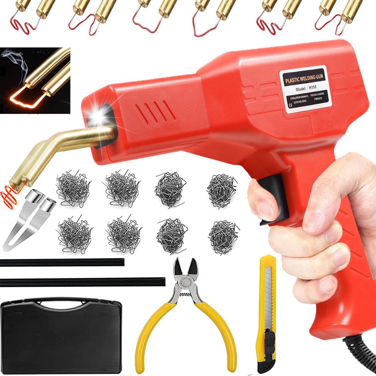 150W Plastic Welder,Plastic Welding Kit with 800pcs Hot Staples,2pcs pp Plastic Welding Rods,knife,Plier, Plastic Welding Machine Plastic Repair Kit for Car Bumper Crack Repair Tools(Red)