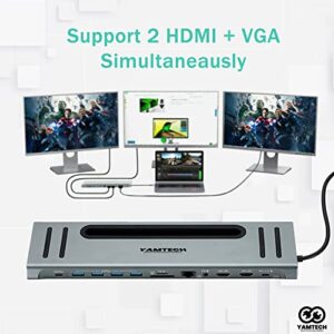 USB C Docking Station, YAMTECH 12-in-1 USB C to Dual 4K HDMI Adapter, USB C HUB Dual Monitor for Windows 4KHDMI*2,100WPD SD/TF,USB3.0,USB C, Ethernet,Laptop Docking Station for Dell/HP/Lenovo/Surface