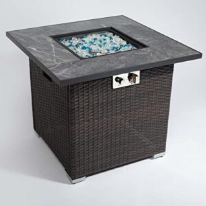 30 in Propane Gas Fire Pit Table with Fire Glass & Lid for Outdoor, 40,000 BTU, Electronic Pulse Igniter, Steel Frame Fire Pit Table for Patio/Backyard/Party