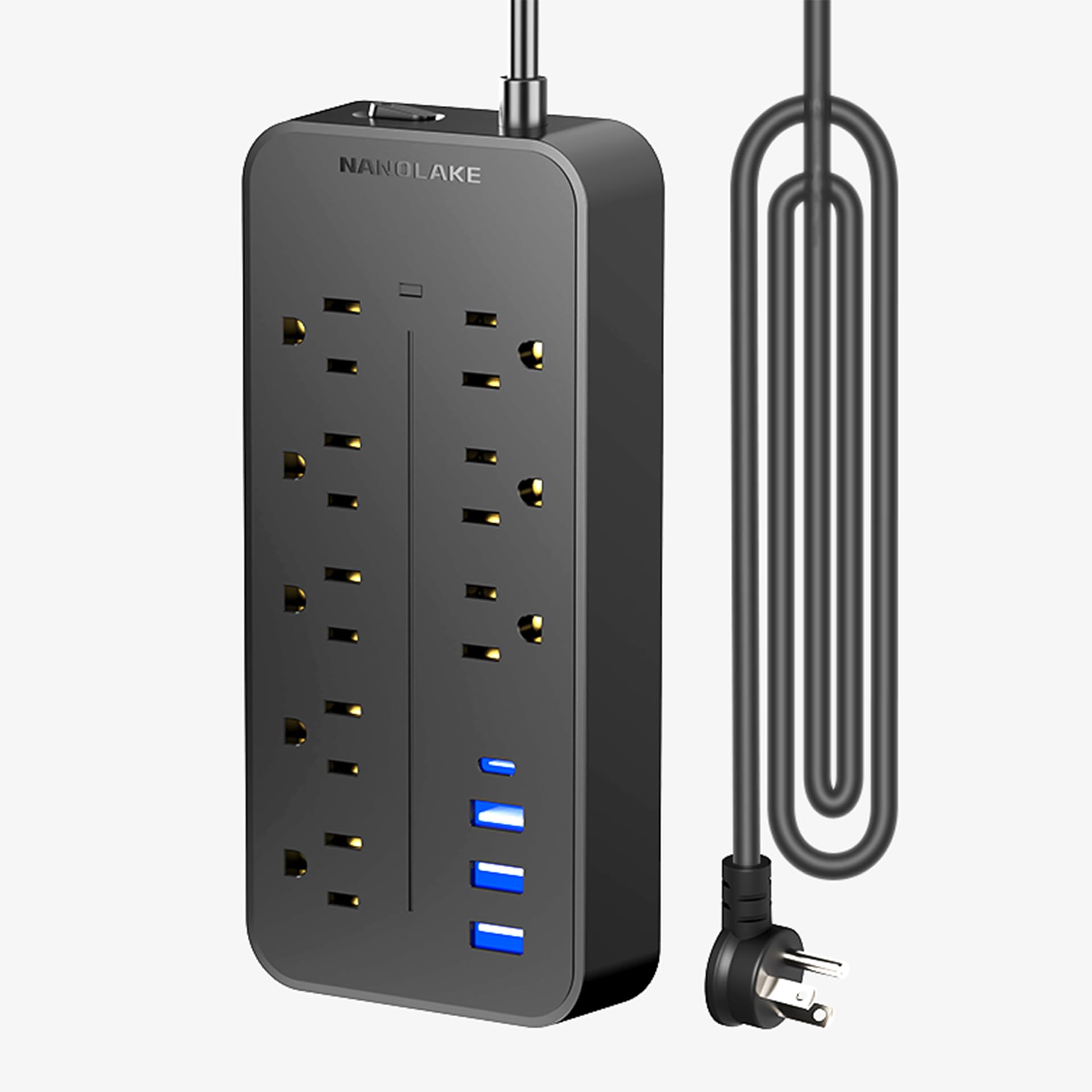 Power Strip Surge Protector Extension Cord with 4 USB Ports, Surge protecction 1700Joules, NANOLAKE Multi Plugs Outlet Extender with AC 8 Outlets, Flat Plug, Wall Mountable,Dorm Home Office,Black