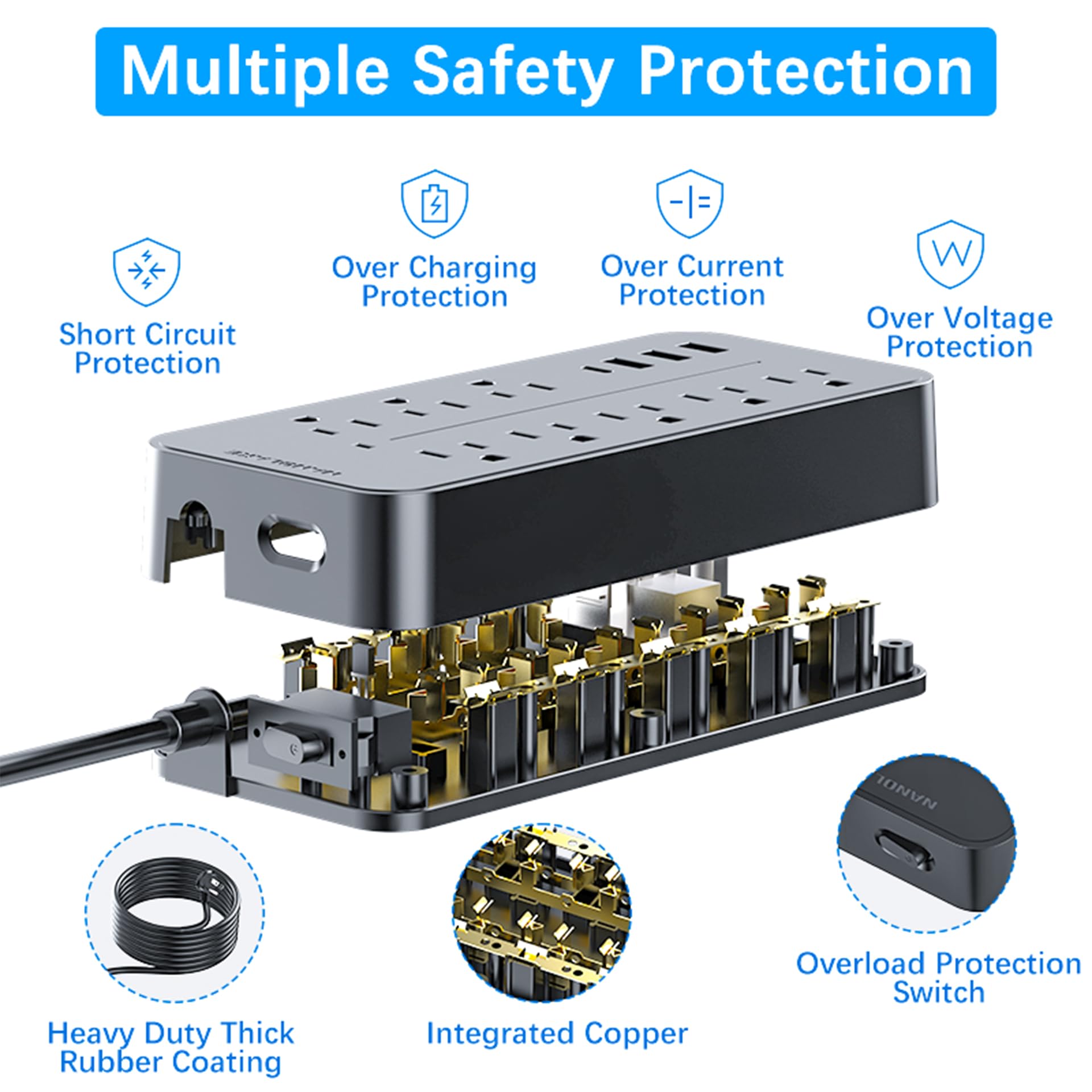 Power Strip Surge Protector Extension Cord with 4 USB Ports, Surge protecction 1700Joules, NANOLAKE Multi Plugs Outlet Extender with AC 8 Outlets, Flat Plug, Wall Mountable,Dorm Home Office,Black