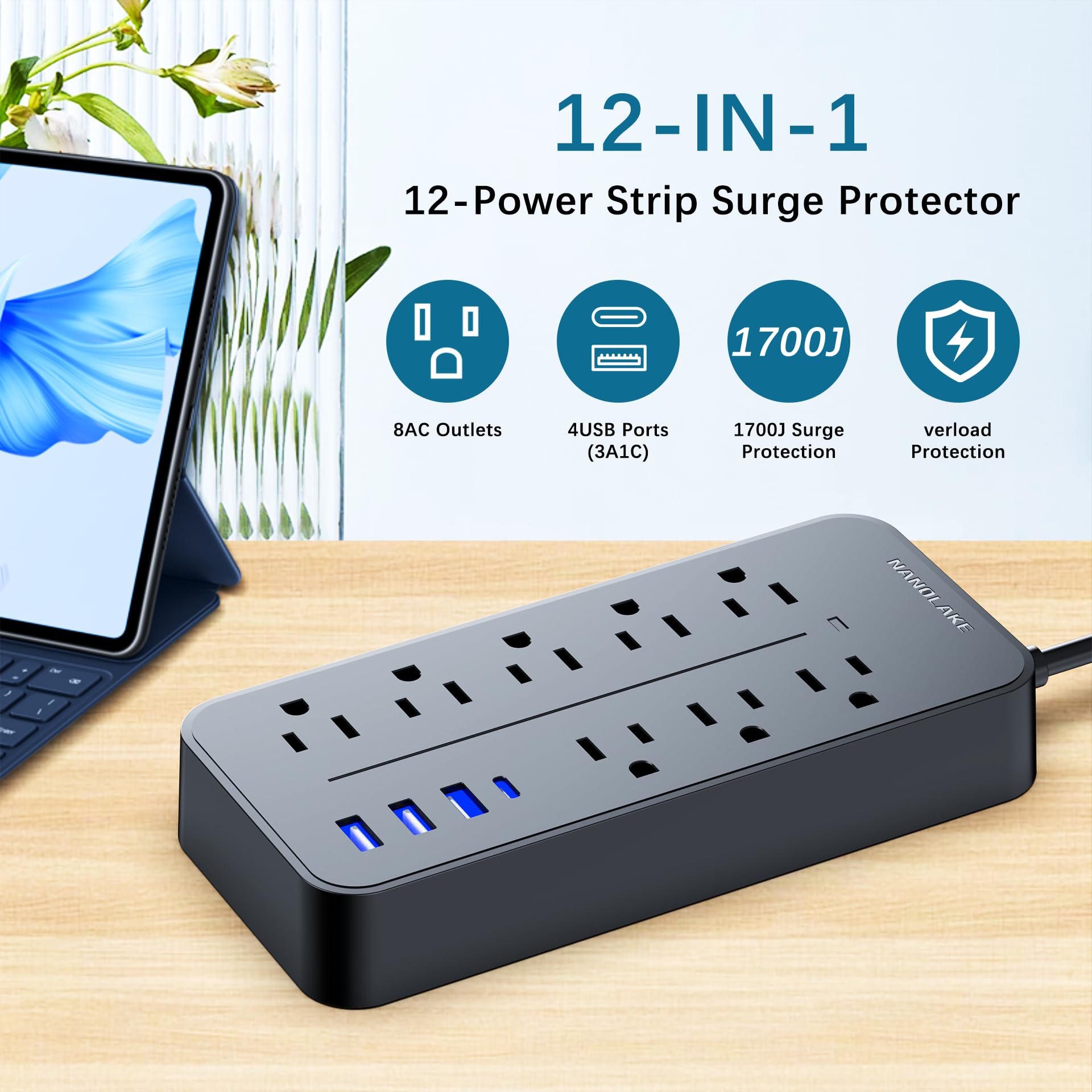 Power Strip Surge Protector Extension Cord with 4 USB Ports, Surge protecction 1700Joules, NANOLAKE Multi Plugs Outlet Extender with AC 8 Outlets, Flat Plug, Wall Mountable,Dorm Home Office,Black