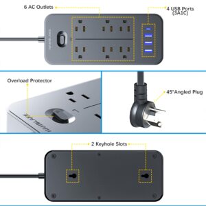 Power Strip Surge Protector Extension Cord 6 Feet with 4 USB Ports, Surge Protection 1700 Joules,6 AC Outlets,Flat Plug Outlet Extender, Wall Mount,Dorm Home Office Black