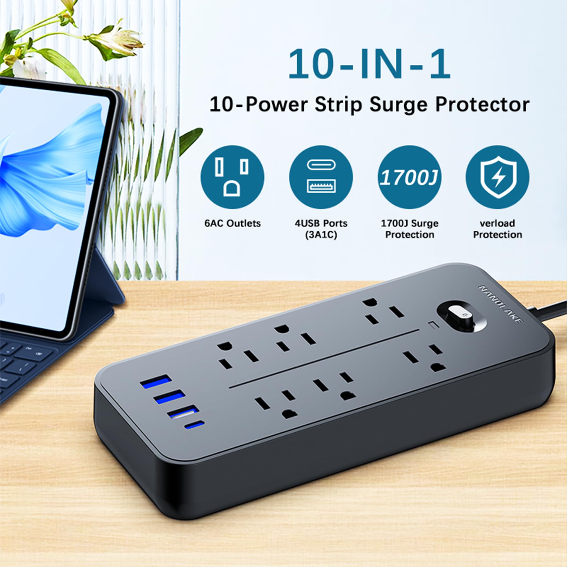 Power Strip Surge Protector Extension Cord 6 Feet with 4 USB Ports, Surge Protection 1700 Joules,6 AC Outlets,Flat Plug Outlet Extender, Wall Mount,Dorm Home Office Black