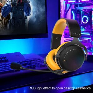 Tangxi Wireless BT Gaming Headsets with Microphone, RGB Light Stereo Gamers Headphones, Wired Over Ear Computer Headset with Mic for PC,Switch, Phone, Tablet(Yellow)