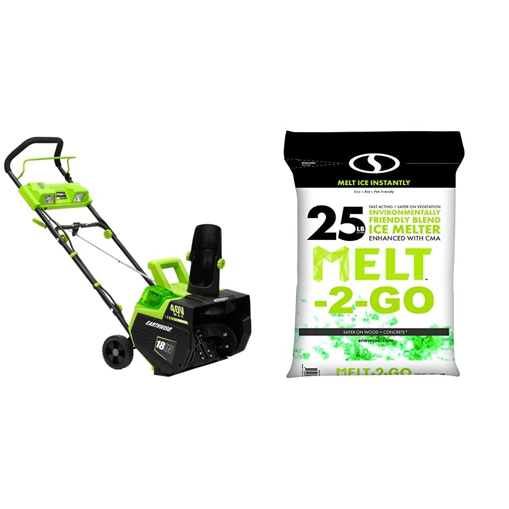 Earthwise SN74018 Cordless Electric 40-Volt 4Ah Brushless Motor, 18-Inch & Amazon Exclusive, 25 lbs, Snow Joe Melt-2-Go, Ice and Snow Melt, Nature + Pet Friendly, 25-Pound Bag