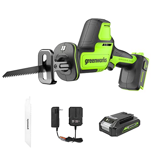 Greenworks 24V Brushless 1" Compact One-Handed Reciprocating Saw (3,000 SPM), Cordless Powered Variable Speed Recip Saw, 2.0Ah Battery and Compact Charger Included,‎ RSG404