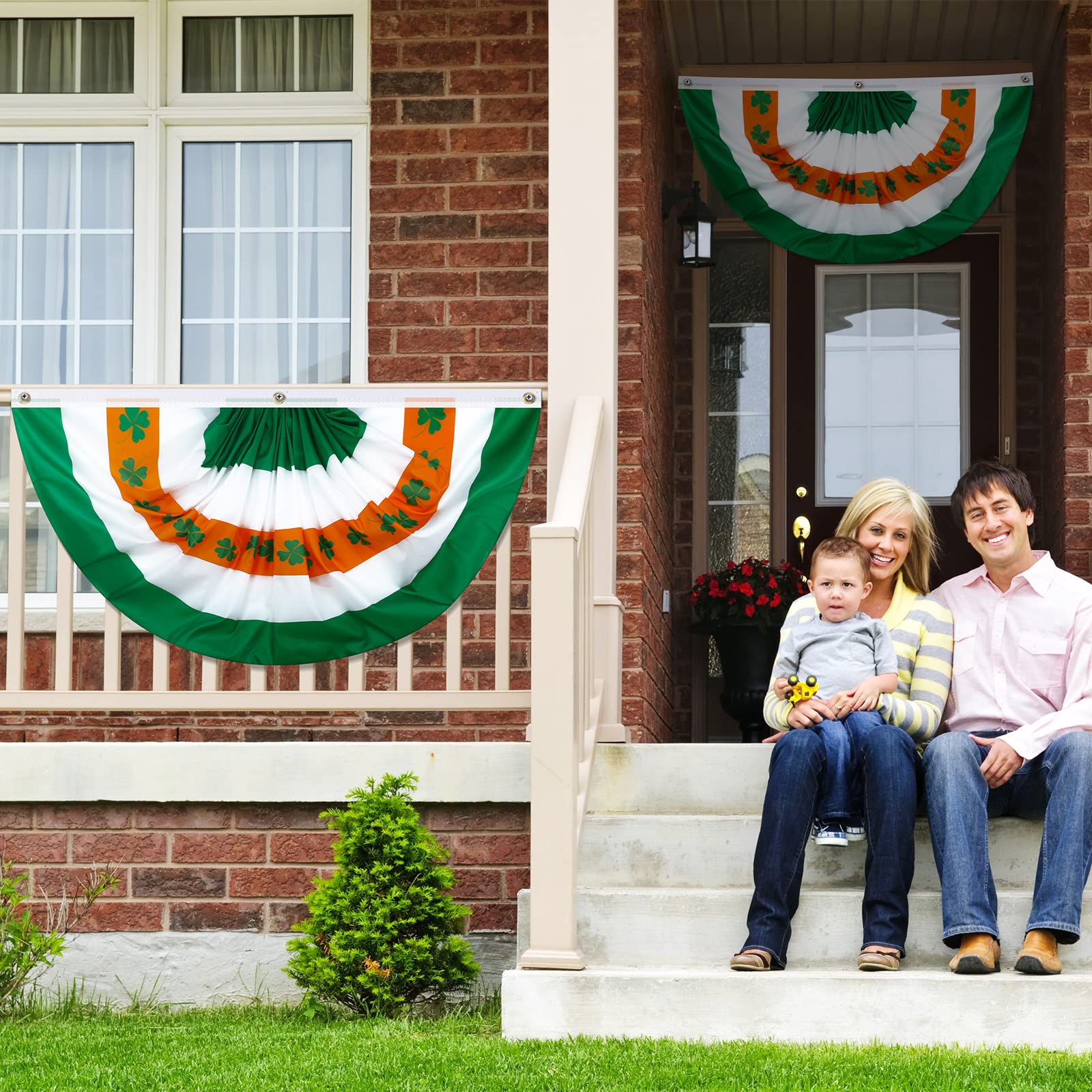 4 Pcs 3 x 6 FT St. Patrick Day Bunting Irish Pleated Ireland Flag Shamrock Patriotic Half Fan Banner Decoration with Grommets for Home Outdoor Indoor Decorations Party Garden