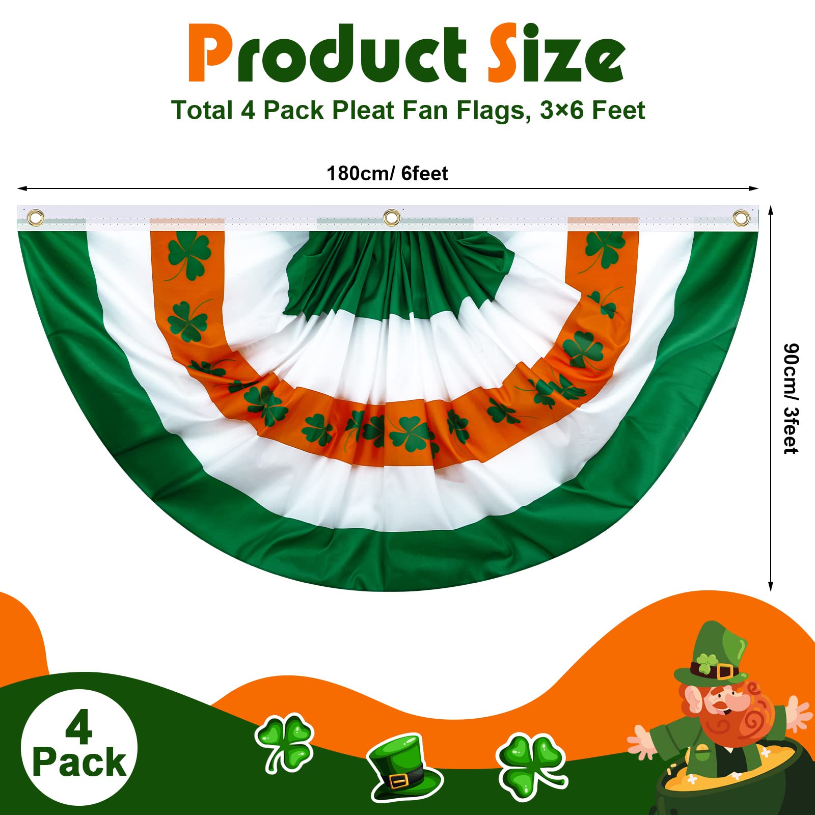 4 Pcs 3 x 6 FT St. Patrick Day Bunting Irish Pleated Ireland Flag Shamrock Patriotic Half Fan Banner Decoration with Grommets for Home Outdoor Indoor Decorations Party Garden