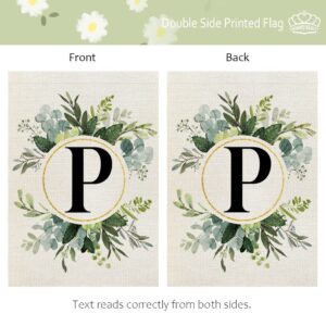 CROWNED BEAUTY Monogram Letter P Garden Flag Floral 12x18 Inch Double Sided for Outside Small Burlap Family Last Name Initial Yard Flag CF778-12