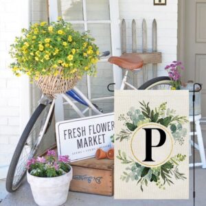 CROWNED BEAUTY Monogram Letter P Garden Flag Floral 12x18 Inch Double Sided for Outside Small Burlap Family Last Name Initial Yard Flag CF778-12