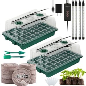 lcyatsi 2 set 80-cell seed starter kit with grow light and 80pcs peat pellet humidity dome (80 cells total tray) seed starting trays, base large greenhouse germination kit for seeds growing starting