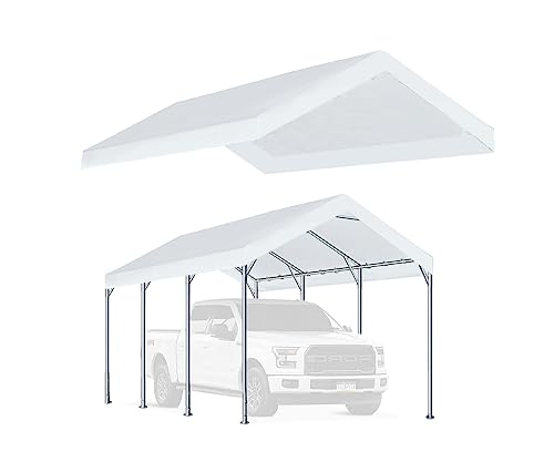 Rutile 12'x20' Carport Replacement Top Canopy Cover for Car Garage Shelter Tent Party Tent with Ball Bungees White (Only Top Cover, Frame is not Included)