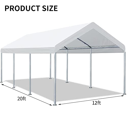 Rutile 12'x20' Carport Replacement Top Canopy Cover for Car Garage Shelter Tent Party Tent with Ball Bungees White (Only Top Cover, Frame is not Included)