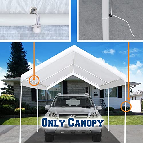 Rutile 12'x20' Carport Replacement Top Canopy Cover for Car Garage Shelter Tent Party Tent with Ball Bungees White (Only Top Cover, Frame is not Included)