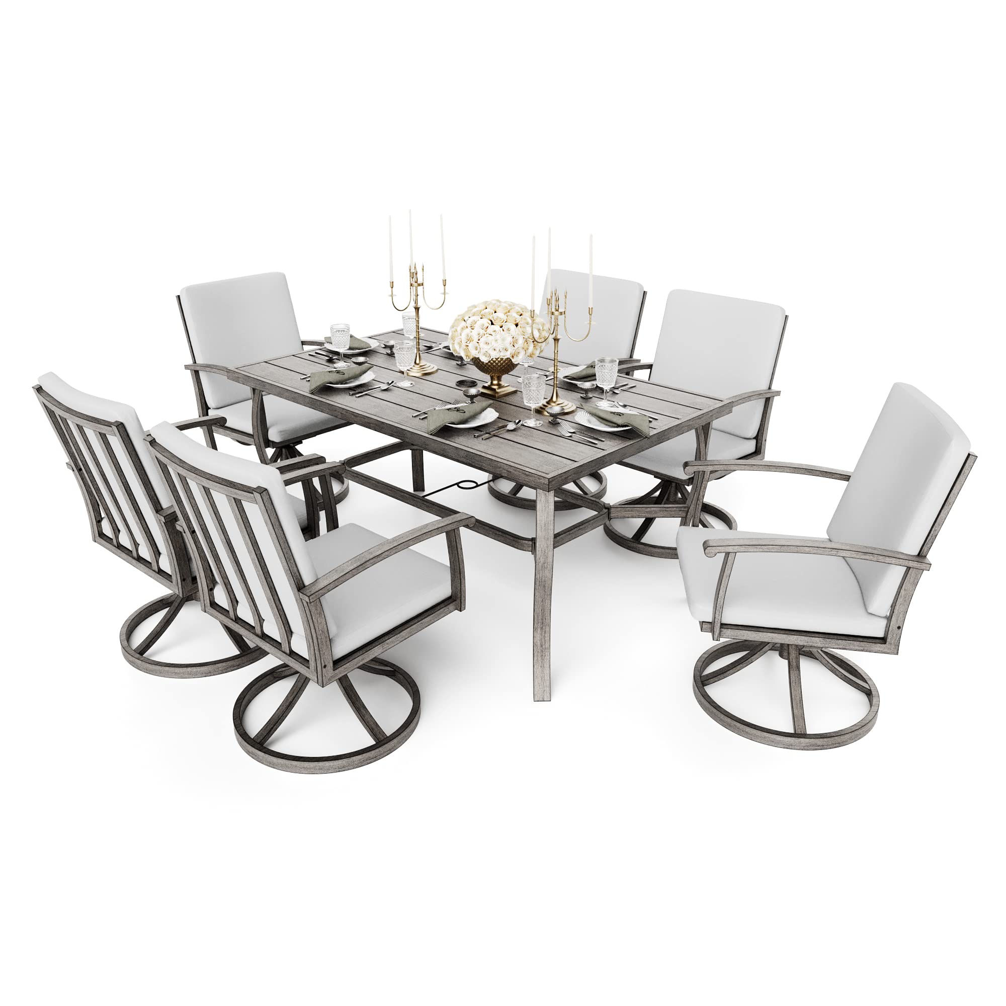 HAPPATIO 7 Piece Patio Swivel Dining Set, Aluminum Outdoor Dining Set for 6, Aluminum Dining Table and Chairs Set, Patio Dining Furniture with Aluminum Table, Chairs and Washable Cushions (Gray)
