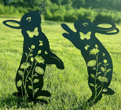 Doesen Metal Bunny Garden Decor, 17" Rabbit Yard Decor, Metal Yard Art Animals Garden Stakes Rabbit Silhouette, Rabbit Yard Decorations Outdoor, Bunny Garden Art for Flowerbeds Planters Patios Lawn