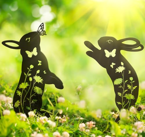 Doesen Metal Bunny Garden Decor, 17" Rabbit Yard Decor, Metal Yard Art Animals Garden Stakes Rabbit Silhouette, Rabbit Yard Decorations Outdoor, Bunny Garden Art for Flowerbeds Planters Patios Lawn