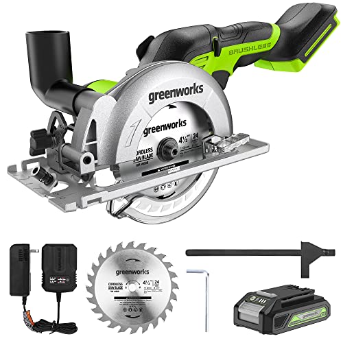 Greenworks 24V Brushless 4-1/2" Compact Circular Saw (6,500 RPM), 2.0Ah Battery and Compact Charger Included